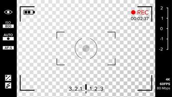 vector de visor de cámara. cuadrícula de cámara de fotos o video con configuraciones y opciones de disparo en pantalla. el led de grabación parpadeó. fondo de caída de esquina realista