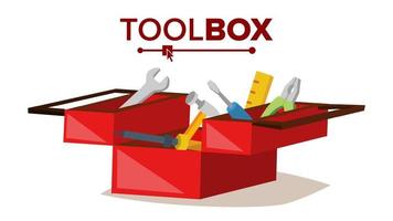 Red Classic Toolbox Vector. Full Of Equipment. Flat Cartoon Isolated Illustration vector