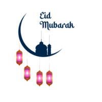 eid mubarak typography with mosque and lantern png