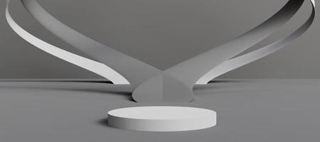 Grey cylinder podium with decorative objects on background.  Stand to show products. Modern pedestal display with copy space. Banner size. Gray Website cover template. 3D rendering. photo