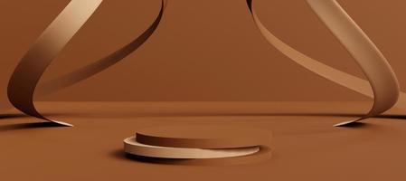 Brown cylinder podium with decorative objects background.  Stand to show products. Modern pedestal display with copy space. Banner size. Website cover template. 3D rendering. photo