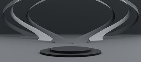 Black cylinder podium with decorative grey objects on background.  Stand to show products. Modern pedestal display with copy space. Banner size. Gray Website cover template. 3D rendering. photo