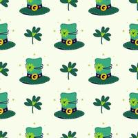 Green leprechaun top hats with clover leaves. Seamless vector pattern. Headdress with golden buckle and quatrefoil. Shamrock with a heart for good luck. Background for St. Patrick's Day cards, prints