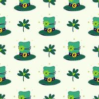 Green leprechaun top hats with clover leaves. Seamless vector pattern. Headdress with golden buckle and quatrefoil. Shamrock with a heart for good luck. Background for St. Patrick's Day cards, prints