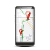 vector de concepto de aplicación gps. teléfono inteligente con aplicación web de internet de mapa de navegador inalámbrico en pantalla. ilustración aislada