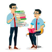 Man In Book Club Vector. Carrying Large Stack Of Books. Studying Student. Library, Academic, School, University Concept. Isolated Flat Cartoon Illustration vector