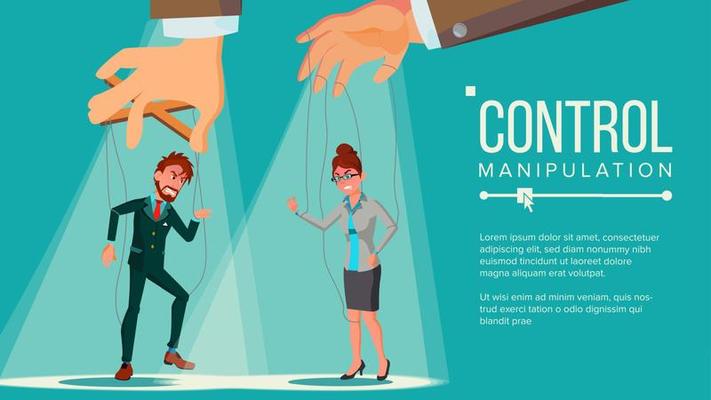 Manipulation Concept Vector. Business People Being Controlled By Puppet Master. Worker On Ropes. Dishonestly Under The Influence Of Boss. Unfair. Cartoon Illustration