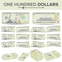 Vector de billetes de 100 dólares. moneda estadounidense de dibujos animados. dos lados de cien billetes de dinero americano ilustración aislada. símbolo de efectivo pilas de 100 dólares