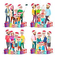 Christmas Family Set Vector. Big Full Happy Family Portrait. Father, Mother, Kids, Grandparents In Santa Hats. Traditional Event. Winter Holidays. December Eve. Celebrating. Cheerful. Illustration vector