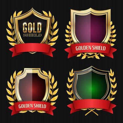 Golden Shield Set With Laurel Wreath And Red Ribbon. Vector Illustration
