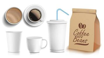 Coffee Packaging Design Vector. Cups Mock Up. White Coffee Mug. Ceramic And Paper, Plastic Cup. Top, Side View. Blank Foil Packaging. Realistic Isolated Illustration vector