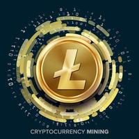 vector de criptomoneda de minería litecoin. moneda de oro, transmisión digital. dinero futurista. cadena de bloques fintech. procesamiento de operaciones de arreglos de datos binarios. criptografía, ilustración de tecnología financiera