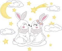 image of two rabbits with elements of the night sky, moon, clouds, comet and stars. vector illustration isolated on transparent background