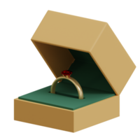 Anel de ouro renderizado em 3D com um diamante vermelho em uma caixa perfeita para o projeto de design do dia dos namorados png