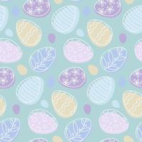 Easter eggs doodle seamless pattern. Pastel colored ornate cartoon outline eggs on green background. vector