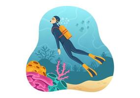 ilustración de esnórquel con natación submarina explorando el mar, arrecifes de coral o peces en el océano para la página de aterrizaje en plantillas dibujadas a mano de dibujos animados vector
