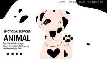 banner para clínica veterinaria. página de destino para el servicio de animales de apoyo emocional. retrato de un dolmaciano. ilustración vectorial en estilo plano vector