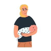 A young mother holds a baby in her arms. Maternity leave. The happiness of motherhood. Vector illustration in hand drawn style