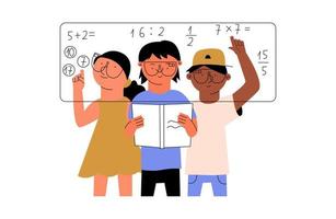 The concept of teaching children with the help of augmented reality. Boys and a girl solve a mathematical problem in AR glasses. Vector illustration in flat style