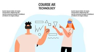 personas con gafas de realidad virtual. trabajo en equipo usando tecnologías vr. ilustración vectorial en un estilo plano. banner, página de inicio, diseño de plantilla de sitio web. vector