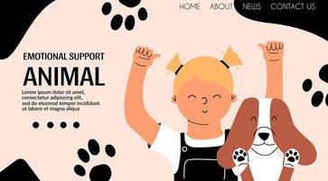 niña y cachorro. banner para servicio de animales de apoyo emocional, clínica veterinaria. ilustración vectorial en estilo plano vector