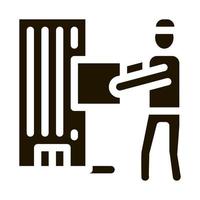 Courier with Box near High-Rise Building Icon Vector Glyph Illustration