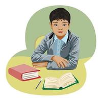 schoolboy at his desk with an open book in the classroom, children study in the classroom vector
