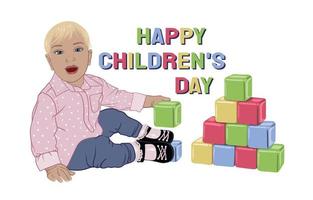 tarjeta del día del niño feliz. niño rubio feliz en una camisa rosa con corazones blancos jugando con cubos vector