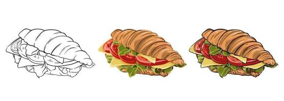 conjunto vectorial de sándwiches croissants dibujados a mano, dibujando en contorno y en color. ilustración vectorial de alimentos vector