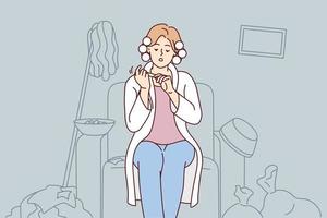 Carefree woman with curlers on hair sits on armchair taking care of nails ignoring garbage in apartment. Lazy girl does not want to clean up is resting in house with mess. Flat vector design
