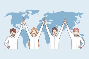 Friendly team of international company is standing near world map with hands up, demonstrating solidarity. Men and women in white shirts working global corporations. Flat vector illustration