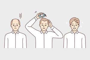 Man using hair growth gel rejoices after seeing good result of cosmetic product. Sad guy uses cream to get rid of baldness on head and get desired bouffant hairstyle. Flat vector illustration