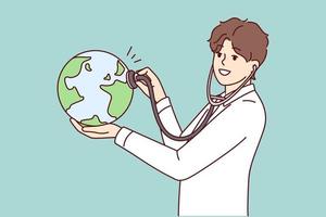 Man doctor applies stethoscope to globe demonstrating care for ecology and nature. Eco-activist guy in white coat wants to help reduce harmful emissions on planet. Flat vector illustration