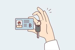 Category B car license with photo and truck ignition key in person hand. Guy boasts of drivers documents confirming completion of course in driving vehicle. Flat vector illustration