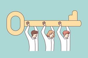 Team workers raises huge key above their heads, symbolizing joint solution of problem. Friendly men and woman work together to improve business processes to achieve company goals. Flat vector image