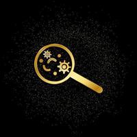 virus, magnifier gold icon. Vector illustration of golden particle background. Gold vector icon