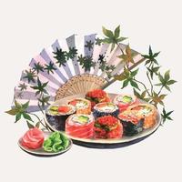 Watercolor illustration of a set of sushi on a plate, ginger, wasabi, soy sauce, chopsticks and japanise fan isolated on a white background. It can be used to design menus,  banners. vector