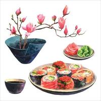 Watercolor illustration of sushi on a plate, ginger and wasabi, soy sauce and magnolia sprigs in a Japanese vase, a set of objects isolated on a white background vector