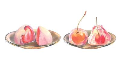 gelatina de cereza del desierto japonés acuarela y daifuku de fresa sobre placa de vidrio, aislar sobre fondo blanco. para el diseño del menú. vector