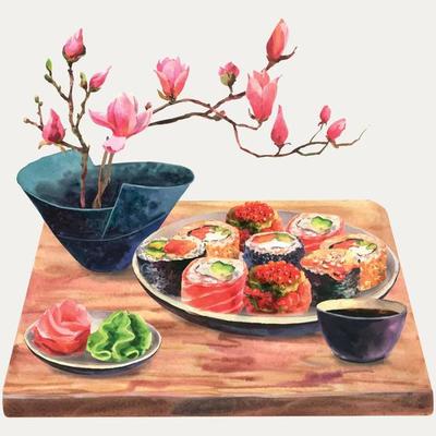 Watercolor illustration of sushi on a plate, ginger and wasabi, soy sauce and magnolia sprigs in a Japanese ceramic vase on a wooden board, a set of objects isolated on a white background