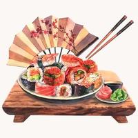Watercolor illustration of a set of sushi on a plate, ginger, wasabi, soy sauce, chopsticks and japanise fan on a wooden board, isolated on a white background. vector