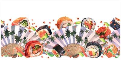 Watercolor horizontal flatlay composition with traditional Japanese fan, sushi, caviar, isolate on white background. Flat lay, top view template for poster or card vector