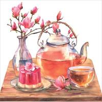 composición de té asiático acuarela con tetera transporante, taza de té, daifuku de japón y rama de magnolia en jarrón transporante sobre mesa de madera aislada sobre fondo blanco. vector