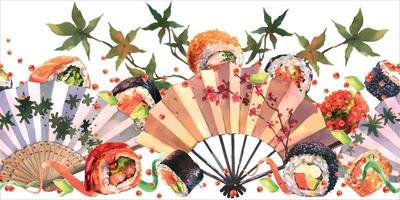 Watercolor horizontal flatlay composition with traditional Japanese fan, sushi, caviar and leaves, isolate on white background. Flat lay, top view template for poster or card vector