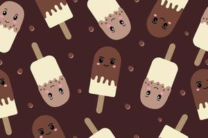 Background of popsicle ice cream on a stick in kawaii style. Vector illustration on a brown background