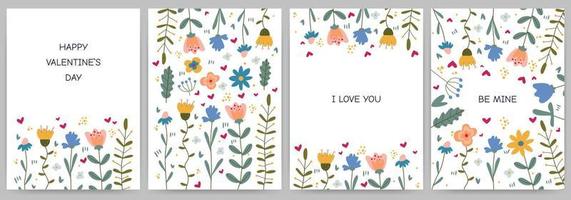 Set of spring cards Happy Valentine's Day, invitations, declaration of love. Rectangular templates with flowers, branches, hearts and text. Vector illustration isolated on white background.