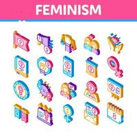 Feminism Woman Power Isometric Icons Set Vector