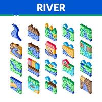 River Landscape Isometric Icons Set Vector