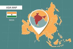 mapa de la india en la versión de zoom de asia, iconos que muestran la ubicación de la india y las banderas. vector