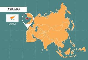 Cyprus map in Asia zoom version, icons showing Cyprus location and flags. vector